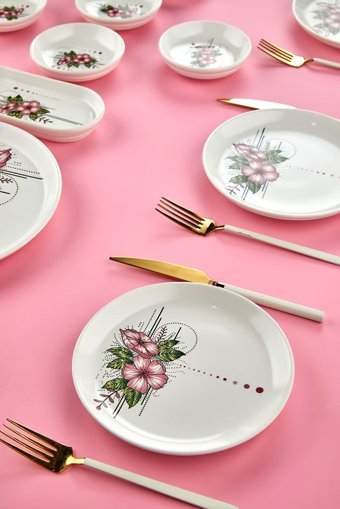 Babion Artless Yuvarlak Desenli 18 Parça 8 Kişilik Seramik Kahvaltı Takımı Pembe