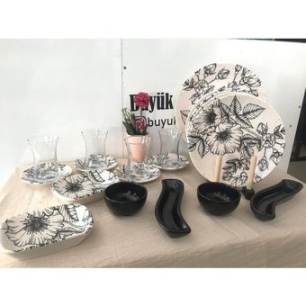 Büyük Atik Desenli Yuvarlak Desenli 19 Parça Seramik Kahvaltı Takımı Siyah