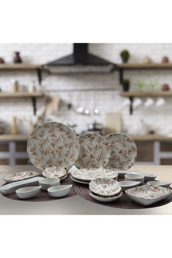 Arna Porselen Flower Karamel Yuvarlak Desenli 19 Parça 4 Kişilik Porselen Kahvaltı Takımı Bej