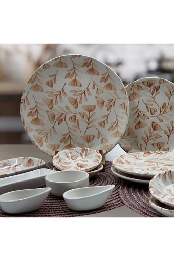 Arna Porselen Flower Karamel Yuvarlak Desenli 19 Parça 4 Kişilik Porselen Kahvaltı Takımı Bej
