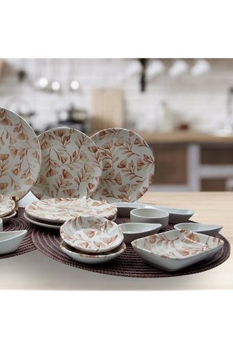 Arna Porselen Flower Karamel Yuvarlak Desenli 19 Parça 4 Kişilik Porselen Kahvaltı Takımı Bej