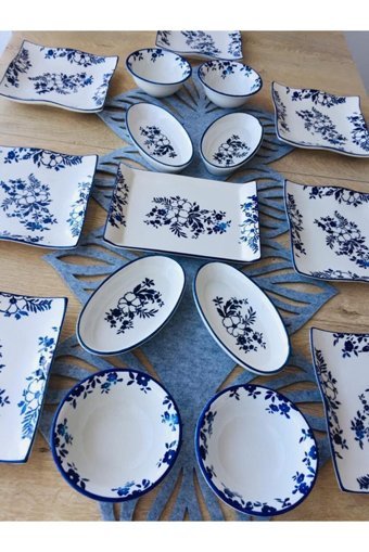 Venüs Home Decoratıon Yasemin Desenli 17 Parça 8 Kişilik Seramik Kahvaltı Takımı Beyaz- Mavi