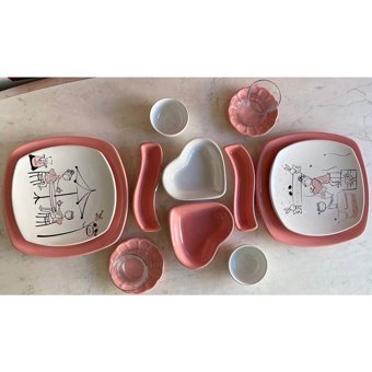 Keramika Tatlı Düş Kalp-Kare Desenli 14 Parça 2 Kişilik Seramik Kahvaltı Takımı Beyaz-Pembe