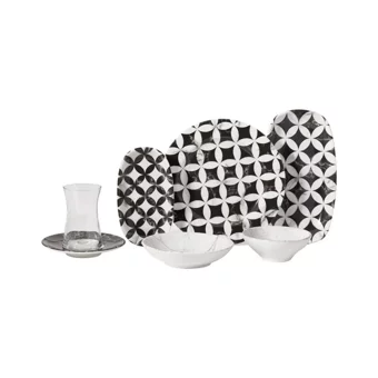 Baysem Doğa Collection A8744 Oval Desenli 26 Parça Porselen Kahvaltı Takımı Beyaz-Siyah
