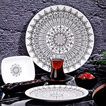 Kosova Black Mska027 Desenli 19 Parça 4 Kişilik Seramik Kahvaltı Takımı Beyaz-Siyah