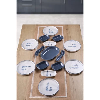 Keramika Blue Magic Yaprak Yuvarlak Desenli 15 Parça 6 Kişilik Seramik Kahvaltı Takımı Beyaz-Mavi