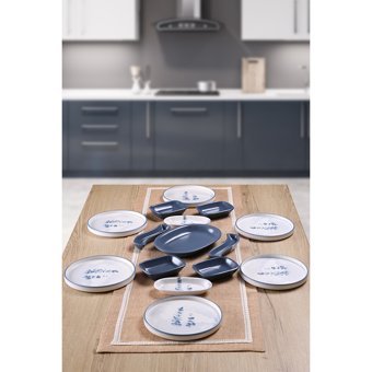 Keramika Blue Magic Yaprak Yuvarlak Desenli 15 Parça 6 Kişilik Seramik Kahvaltı Takımı Beyaz-Mavi