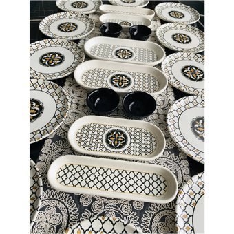 Venüs Home Decoratıon Liva Desenli 22 Parça 12 Kişilik Seramik Kahvaltı Takımı Siyah