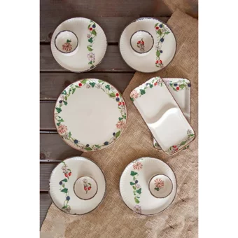Bursa Porselen Dekor Retro Meyve Çiçekleri Desenli 4 Kişilik Porselen Kahvaltı Takımı Bej