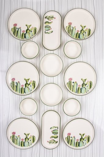 Mukko Home Kaktüs Desenli 14 Parça 6 Kişilik Seramik Kahvaltı Takımı Yeşil