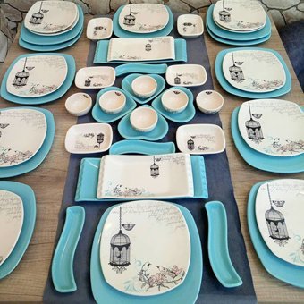 Keramika Retro Desenli 48 Parça 12 Kişilik Seramik Kahvaltı Takımı Beyaz-Mavi