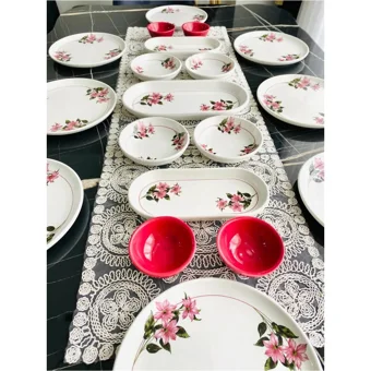Venüs Home Kar Çiçeği Desenli 19 Parça 8 Kişilik Seramik Kahvaltı Takımı Fuşya