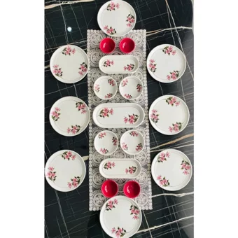 Venüs Home Kar Çiçeği Desenli 19 Parça 8 Kişilik Seramik Kahvaltı Takımı Fuşya