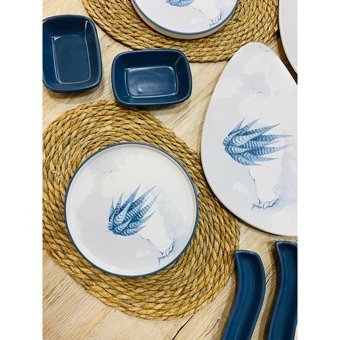 Keramika Blue Magic Oval-Yuvarlak Desenli 14 Parça 6 Kişilik Seramik Kahvaltı Takımı Beyaz-Mavi