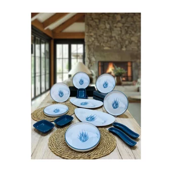 Keramika Blue Magic Oval-Yuvarlak Desenli 14 Parça 6 Kişilik Seramik Kahvaltı Takımı Beyaz-Mavi