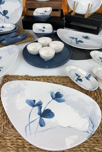 Keramika Blue Magic Oval Desenli 22 Parça 6 Kişilik Seramik Kahvaltı Takımı Beyaz-Mavi