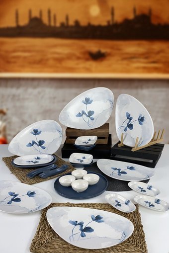 Keramika Blue Magic Oval Desenli 22 Parça 6 Kişilik Seramik Kahvaltı Takımı Beyaz-Mavi