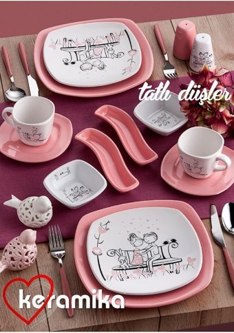 Keramika Tatlı Düş Kare Desenli 14 Parça 2 Kişilik Seramik Kahvaltı Takımı Beyaz-Pembe