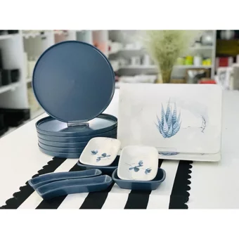 Keramika Blue Magic Kare-Yuvarlak Desenli 14 Parça 6 Kişilik Seramik Kahvaltı Takımı Beyaz-Mavi
