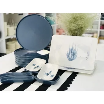 Keramika Blue Magic Kare-Yuvarlak Desenli 14 Parça 6 Kişilik Seramik Kahvaltı Takımı Beyaz-Mavi