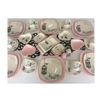 Keramika Retro Desenli 36 Parça 6 Kişilik Seramik Kahvaltı Takımı Açık Pembe