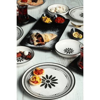 Keramika Black Rose Yuvarlak Desenli 21 Parça 4 Kişilik Seramik Kahvaltı Takımı Beyaz-Siyah