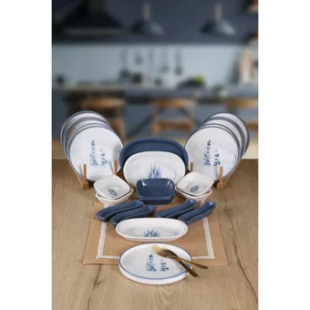 Keramika Blue Magic Yuvarlak Desenli 25 Parça 12 Kişilik Seramik Kahvaltı Takımı Beyaz-Mavi