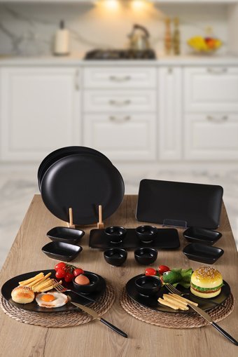 Keramika Mat Siyah Oval-Yuvarlak Desenli 18 Parça 6 Kişilik Kahvaltı Takımı Siyah