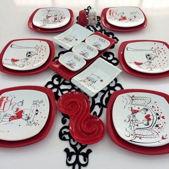 Keramika Peri Masalı Aşk Desenli 21 Parça 6 Kişilik Seramik Kahvaltı Takımı Beyaz-Kırmızı
