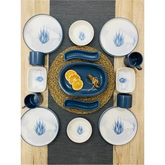 Pembiş Mutfağım Blue Magic Desenli 15 Parça 4 Kişilik Stoneware Kahvaltı Takımı Beyaz-Mavi