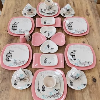 Keramika Retro Desenli 34 Parça 6 Kişilik Seramik Kahvaltı Takımı Beyaz-Pembe