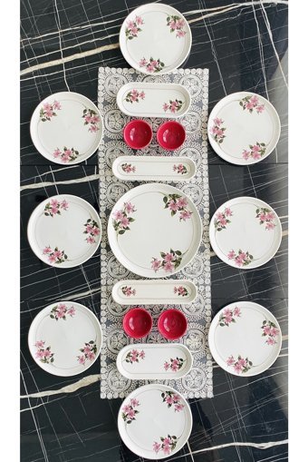 Venüs Home Decoratıon Kar Çiçeği Desenli 17 Parça 8 Kişilik Seramik Kahvaltı Takımı Bordo