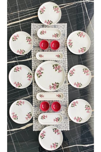 Venüs Home Decoratıon Kar Çiçeği Desenli 17 Parça 8 Kişilik Seramik Kahvaltı Takımı Bordo