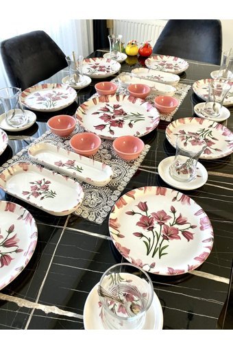Yiğit Seramik Züccaciye Nergis Desenli 27 Parça 8 Kişilik Seramik Kahvaltı Takımı Pembe