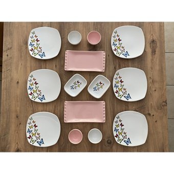 Keramika Kelebek Desenli 14 Parça 6 Kişilik Seramik Kahvaltı Takımı Açık Pembe