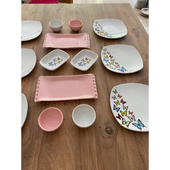 Keramika Kelebek Desenli 14 Parça 6 Kişilik Seramik Kahvaltı Takımı Açık Pembe