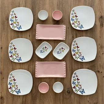 Keramika Kelebek Desenli 14 Parça 6 Kişilik Seramik Kahvaltı Takımı Açık Pembe