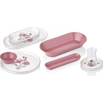 Taç Ornella Flower Desenli 37 Parça 6 Kişilik Seramik Kahvaltı Takımı Pembe