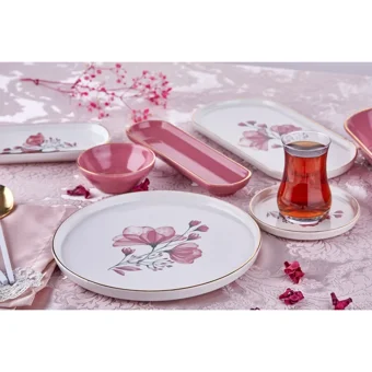 Taç Ornella Flower Desenli 37 Parça 6 Kişilik Seramik Kahvaltı Takımı Pembe