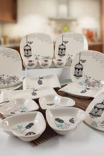 Trendymutfak Retro Desenli 16 Parça 6 Kişilik Seramik Kahvaltı Takımı Beyaz