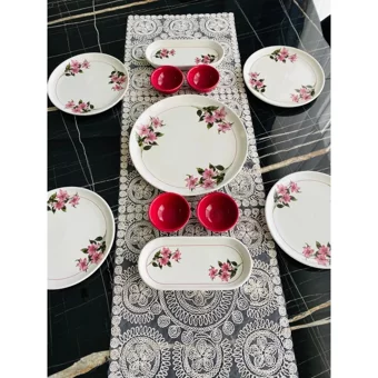 Venüs Home Decoratıon Kar Çiçeği Desenli 11 Parça 4 Kişilik Seramik Kahvaltı Takımı Pembe