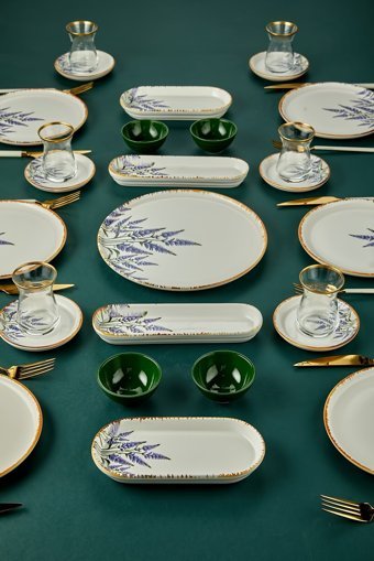 Erbaşlar Lavanta Yuvarlak Desenli 21 Parça 6 Kişilik Seramik Kahvaltı Takımı Mavi