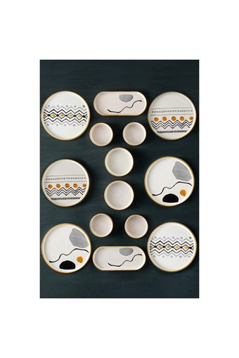 Vienev Axial Desenli 14 Parça 6 Kişilik Seramik Kahvaltı Takımı Renkli