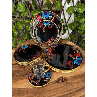 Gürcü Glass Yuvarlak Desenli 24 Parça 6 Kişilik Cam Kahvaltı Takımı Siyah