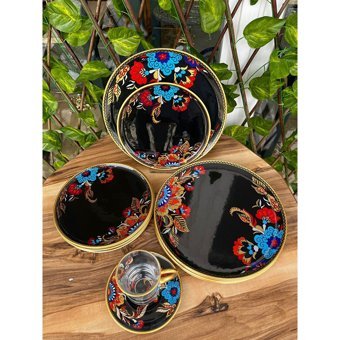 Gürcü Glass Yuvarlak Desenli 24 Parça 6 Kişilik Cam Kahvaltı Takımı Siyah