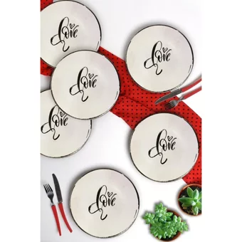 Keramika Love Kare-Yuvarlak Desenli 13 Parça 6 Kişilik Seramik Kahvaltı Takımı Beyaz