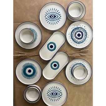 Kevin Seramik Evil Eyes Desenli 14 Parça 6 Kişilik Seramik Kahvaltı Takımı Beyaz