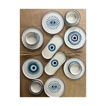 Kevin Seramik Evil Eyes Desenli 14 Parça 6 Kişilik Seramik Kahvaltı Takımı Beyaz