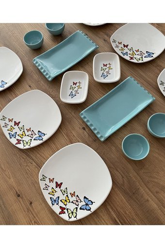 Keramika Turkauz Kelebek Desenli 14 Parça 6 Kişilik Seramik Kahvaltı Takımı Beyaz-Mavi