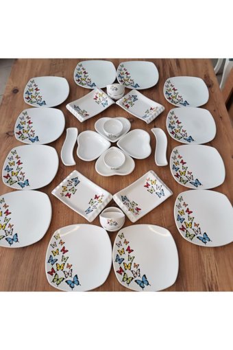 Demet Çeyiz Keramika Kare Desenli 28 Parça 12 Kişilik Stoneware Kahvaltı Takımı Beyaz